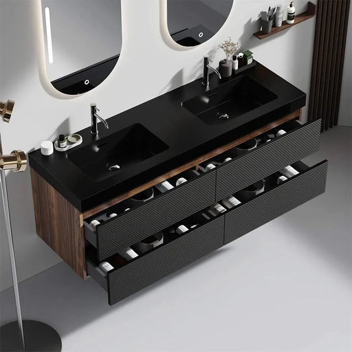 Grace 60' Walnut Bathroom Vanity with Matt Black Engineered Quartz Sink and Soft Black Drawers, Wall Mounted Floating Bathroom Vanity for Modern Bathroom, One-Piece Matt Black Basin, Pre-assembled Default -DTYStore