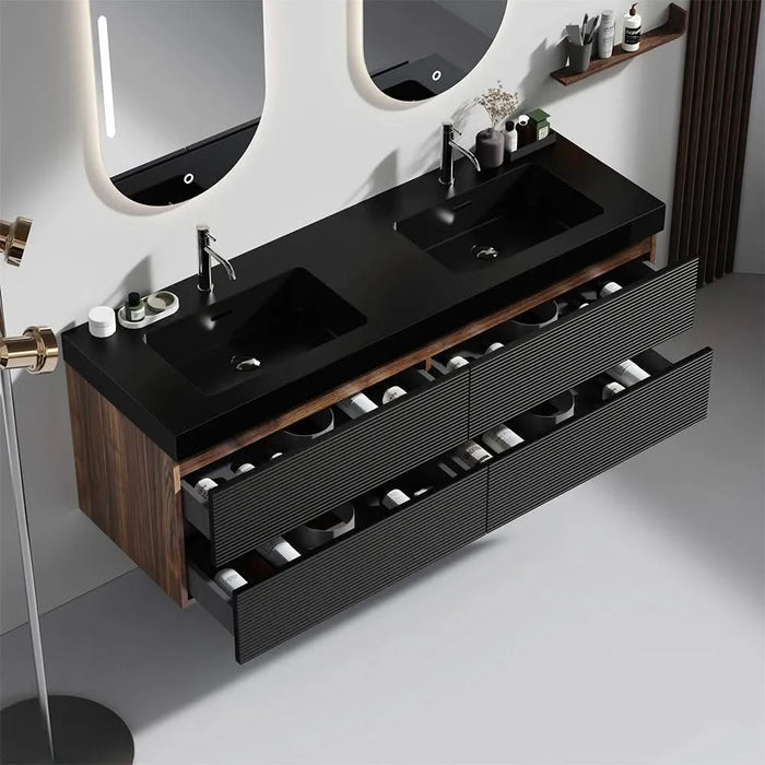 Grace 60' Walnut Bathroom Vanity with Matt Black Engineered Quartz Sink and Soft Black Drawers, Wall Mounted Floating Bathroom Vanity for Modern Bathroom, One-Piece Matt Black Basin, Pre-assembled Default -DTYStore