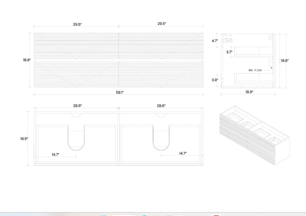 Grace 60' Walnut Bathroom Vanity with Matt Black Engineered Quartz Sink and Soft Black Drawers, Wall Mounted Floating Bathroom Vanity for Modern Bathroom, One-Piece Matt Black Basin, Pre-assembled Default -DTYStore