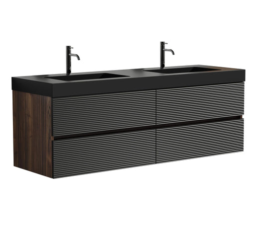 Grace 60' Walnut Bathroom Vanity with Matt Black Engineered Quartz Sink and Soft Black Drawers, Wall Mounted Floating Bathroom Vanity for Modern Bathroom, One-Piece Matt Black Basin, Pre-assembled Default -DTYStore