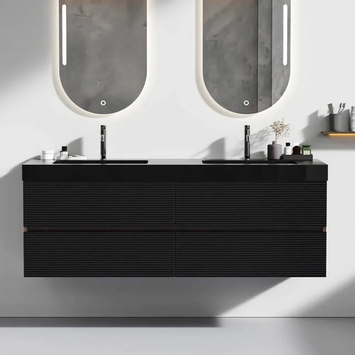 Grace 60' Walnut Bathroom Vanity with Matt Black Engineered Quartz Sink and Soft Black Drawers, Wall Mounted Floating Bathroom Vanity for Modern Bathroom, One-Piece Matt Black Basin, Pre-assembled Default -DTYStore