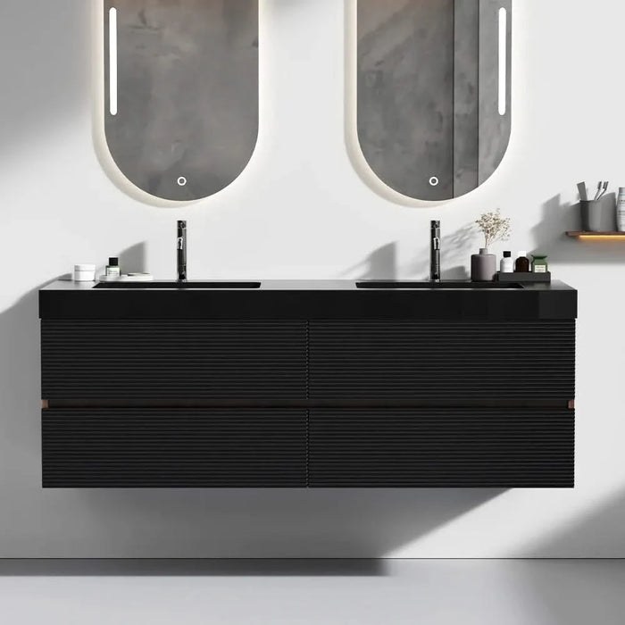 Grace 60' Walnut Bathroom Vanity with Matt Black Engineered Quartz Sink and Soft Black Drawers, Wall Mounted Floating Bathroom Vanity for Modern Bathroom, One-Piece Matt Black Basin, Pre-assembled Default -DTYStore