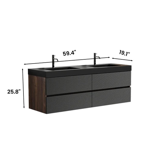 Grace 60' Walnut Bathroom Vanity with Matt Black Engineered Quartz Sink and Soft Black Drawers, Wall Mounted Floating Bathroom Vanity for Modern Bathroom, One-Piece Matt Black Basin, Pre-assembled Default -DTYStore