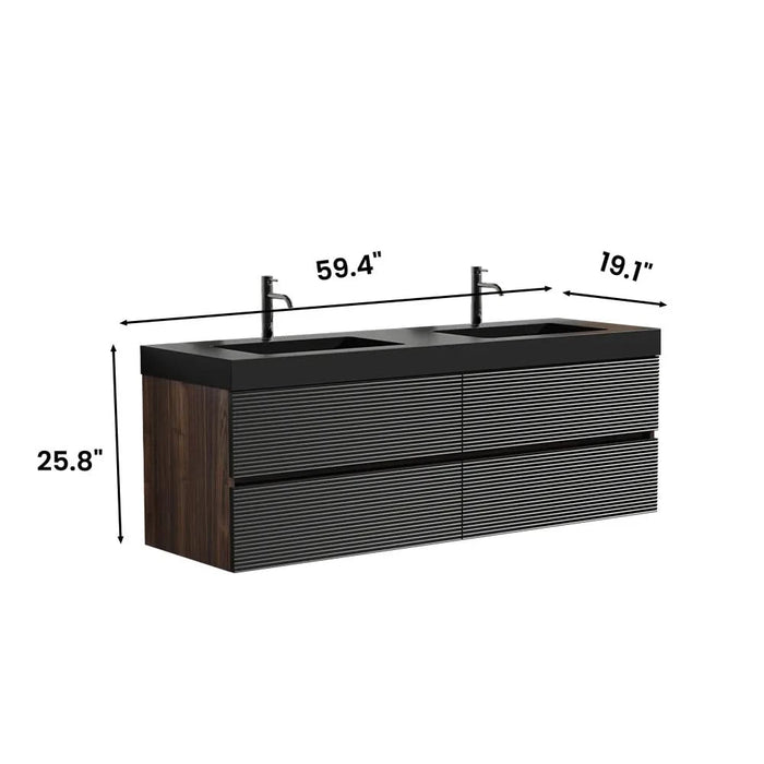 Grace 60' Walnut Bathroom Vanity with Matt Black Engineered Quartz Sink and Soft Black Drawers, Wall Mounted Floating Bathroom Vanity for Modern Bathroom, One-Piece Matt Black Basin, Pre-assembled Default -DTYStore