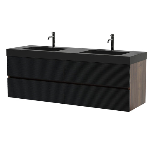 Grace 60' Walnut Bathroom Vanity with Matt Black Engineered Quartz Sink and Soft Black Drawers, Wall Mounted Floating Bathroom Vanity for Modern Bathroom, One-Piece Matt Black Basin, Pre-assembled Default -DTYStore