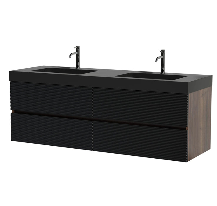 Grace 60' Walnut Bathroom Vanity with Matt Black Engineered Quartz Sink and Soft Black Drawers, Wall Mounted Floating Bathroom Vanity for Modern Bathroom, One-Piece Matt Black Basin, Pre-assembled Default -DTYStore