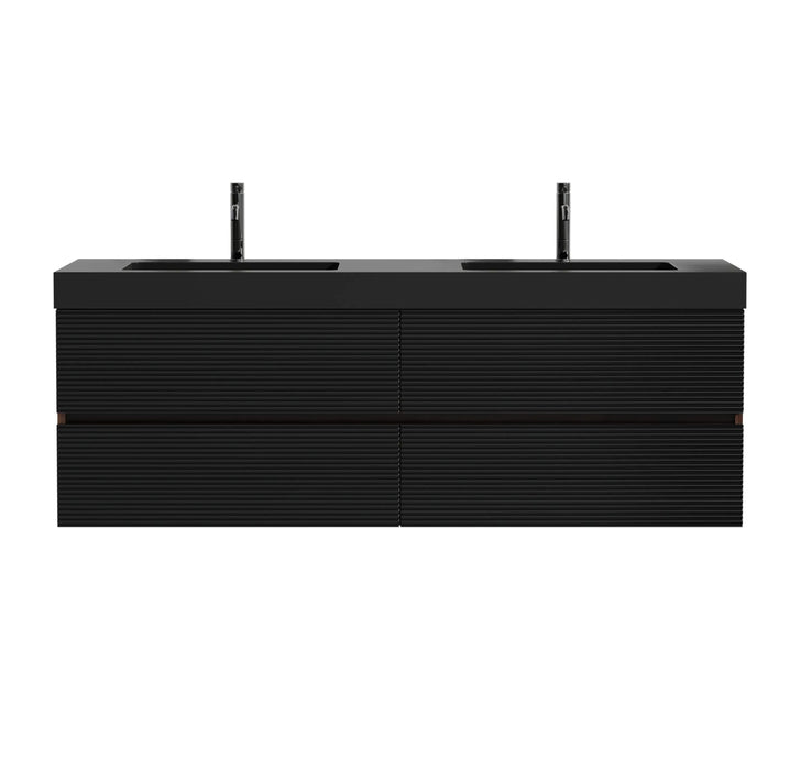 Grace 60' Walnut Bathroom Vanity with Matt Black Engineered Quartz Sink and Soft Black Drawers, Wall Mounted Floating Bathroom Vanity for Modern Bathroom, One-Piece Matt Black Basin, Pre-assembled Default -DTYStore