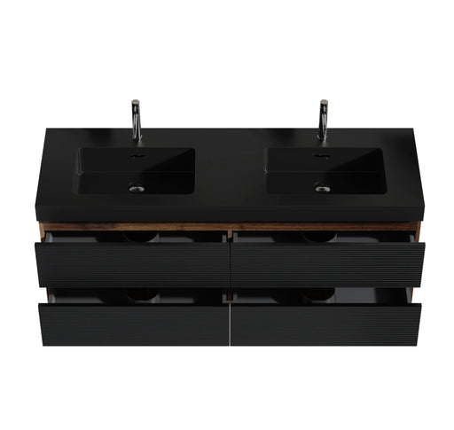 Grace 60' Walnut Bathroom Vanity with Matt Black Engineered Quartz Sink and Soft Black Drawers, Wall Mounted Floating Bathroom Vanity for Modern Bathroom, One-Piece Matt Black Basin, Pre-assembled Default -DTYStore