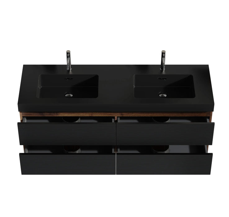 Grace 60' Walnut Bathroom Vanity with Matt Black Engineered Quartz Sink and Soft Black Drawers, Wall Mounted Floating Bathroom Vanity for Modern Bathroom, One-Piece Matt Black Basin, Pre-assembled Default -DTYStore