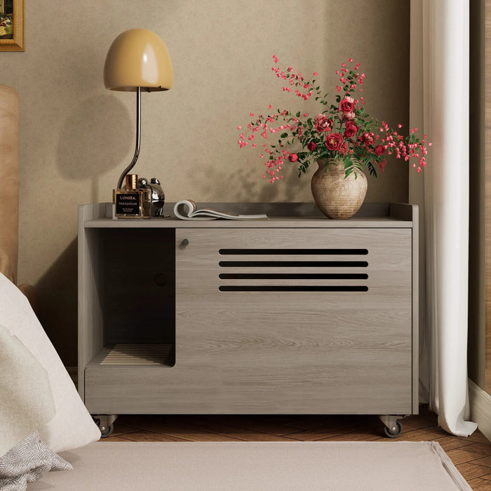 Gray Cat Litter Box Enclosure,Hidden Litter Box Furniture with top side fence,Wooden Pet House Side End Table, Storage Cabinet Bench for Living Room,,Bedroom, Fit Most of Litter Box Default -DTYStore