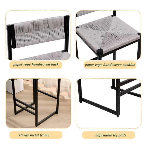 Gray Set of 2 Hand Weave Bar Stools with Back Counter Height Bar Chairs Paper Rope Woven Dining Stool Default -DTYStore