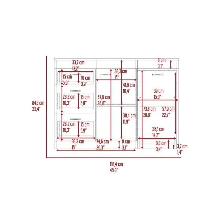 Grecia Kitchen Base Cabinet,Three Drawers, Two Internal Shelves -White / Dark Walnut Default -DTYStore