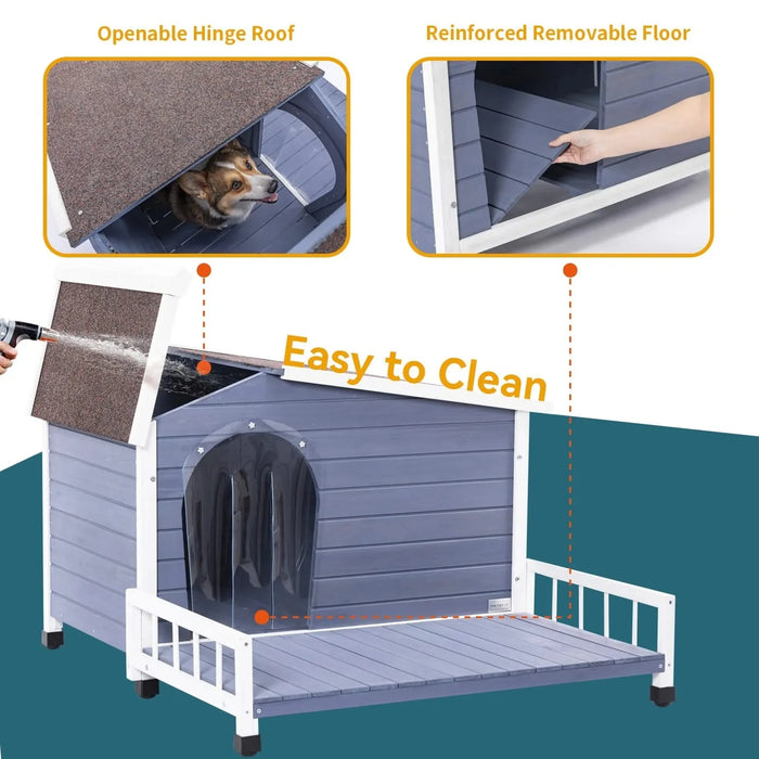 Grey Solid Wood Large Dog House with Terrace and Waterproof Asphalt Roof for Indoor Outdoor Use Default -DTYStore
