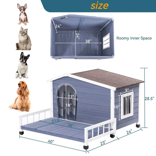 Grey Solid Wood Large Dog House with Terrace and Waterproof Asphalt Roof for Indoor Outdoor Use Default -DTYStore