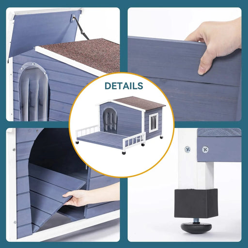 Grey Solid Wood Large Dog House with Terrace and Waterproof Asphalt Roof for Indoor Outdoor Use Default -DTYStore