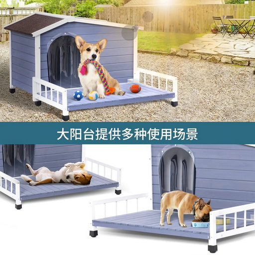 Grey Solid Wood Large Dog House with Terrace and Waterproof Asphalt Roof for Indoor Outdoor Use Default -DTYStore