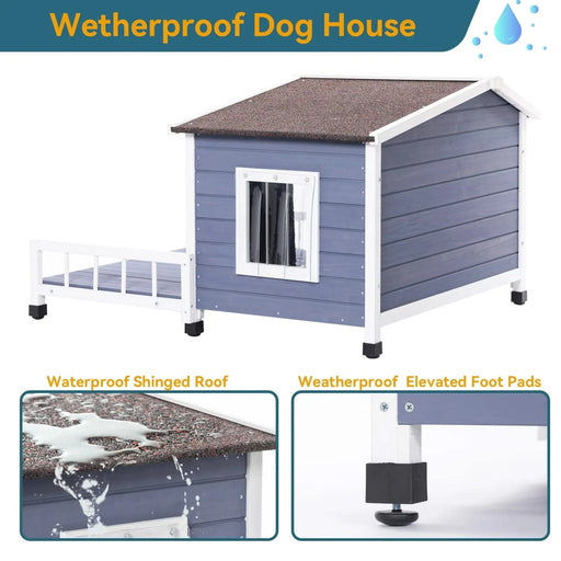 Grey Solid Wood Large Dog House with Terrace and Waterproof Asphalt Roof for Indoor Outdoor Use Default -DTYStore