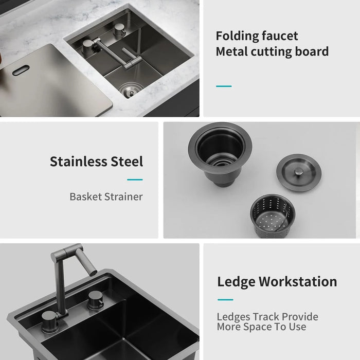 Gunmetal Black 15' Undermount Bar Sink with Folding Faucet, 16 Gauge Stainless Steel, 15x17 Inch Single Bowl- DTY Store