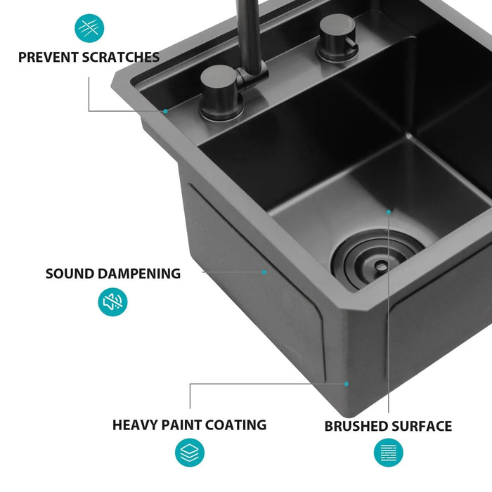 Gunmetal Black 15' Undermount Bar Sink with Folding Faucet, 16 Gauge Stainless Steel, 15x17 Inch Single Bowl - DTY Store