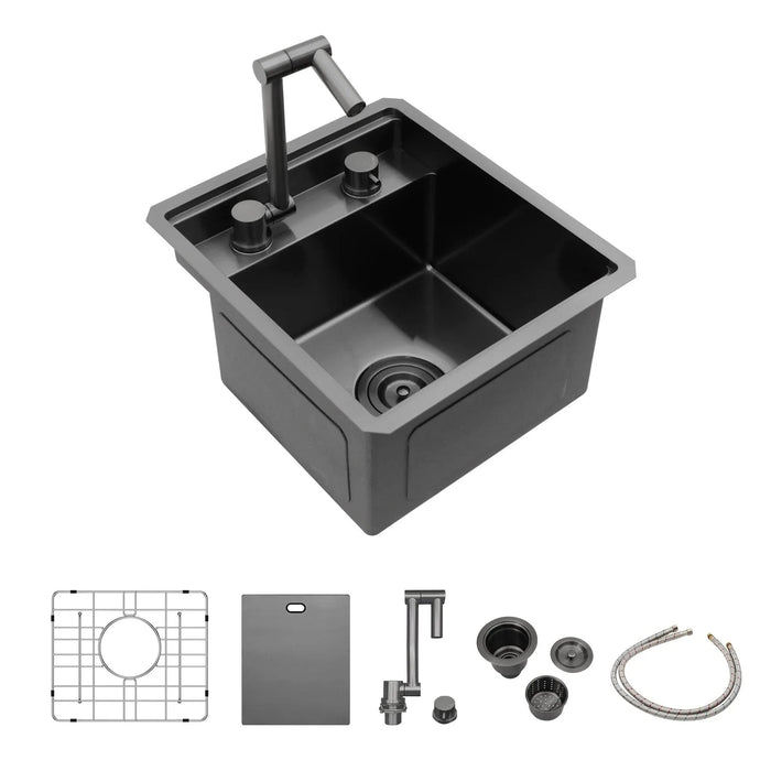Gunmetal Black 15' Undermount Bar Sink with Folding Faucet, 16 Gauge Stainless Steel, 15x17 Inch Single Bowl- DTY Store