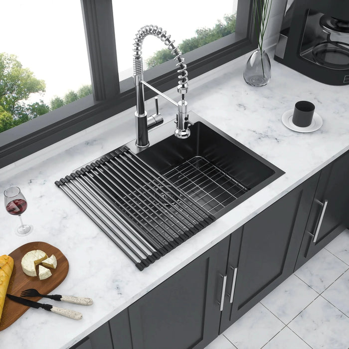 Gunmetal Black 25 x 22 Inch Drop-in Kitchen Sink Topmount 16 Gauge Deep Single Bowl Stainless Steel Basin- DTY Store
