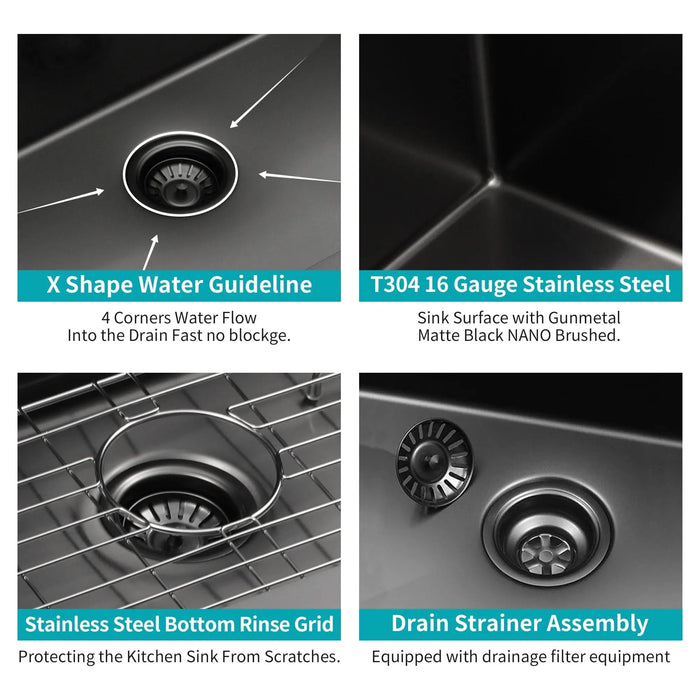 Gunmetal Black 25 x 22 Inch Drop-in Kitchen Sink Topmount 16 Gauge Deep Single Bowl Stainless Steel Basin - DTY Store