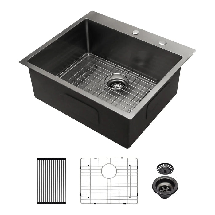 Gunmetal Black 25 x 22 Inch Drop-in Kitchen Sink Topmount 16 Gauge Deep Single Bowl Stainless Steel Basin - DTY Store