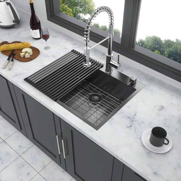 Gunmetal Black 25 x 22 Inch Drop-in Kitchen Sink Topmount 16 Gauge Deep Single Bowl Stainless Steel Basin - DTY Store