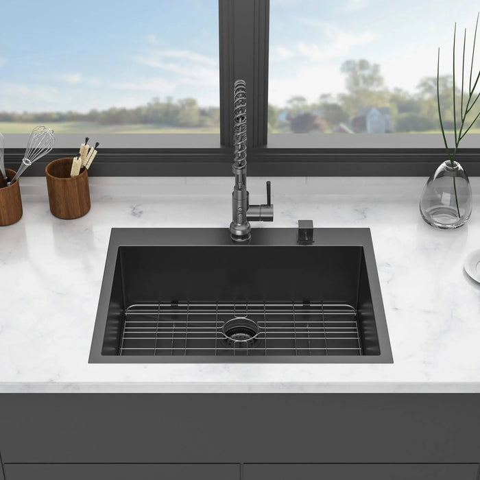 Gunmetal Black 28 x 22 Inch Drop-in Kitchen Sink with 16 Gauge Stainless Steel and Deep Single Bowl Default -DTYStore