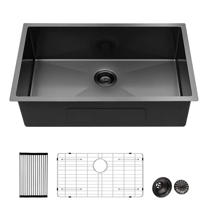 Gunmetal Black 30 Inch Undermount Kitchen Sink 16 Gauge 10 Inch Deep Single Bowl Stainless Steel Basin Default -DTYStore