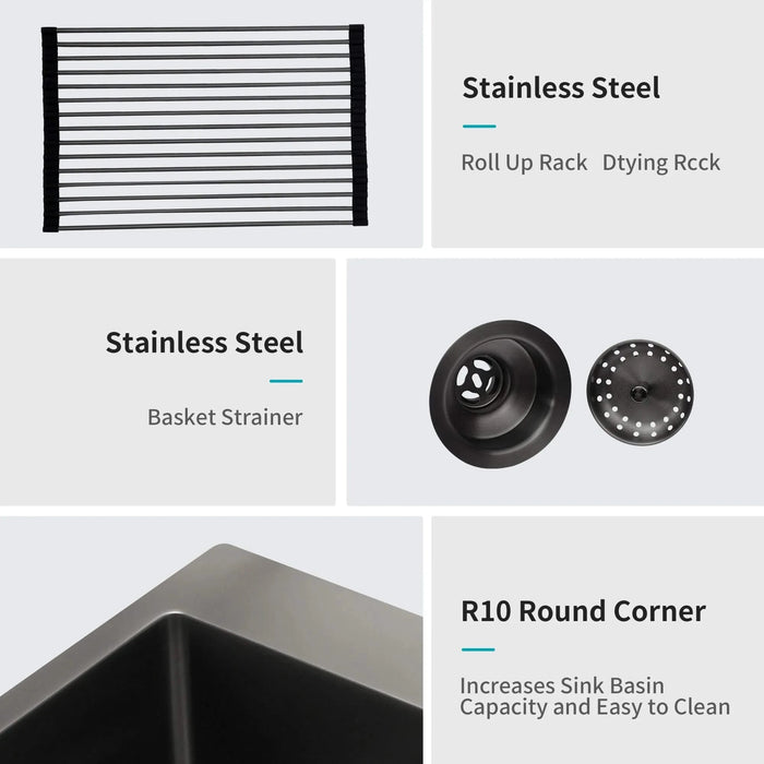 Gunmetal Black 30 Inch Undermount Kitchen Sink 16 Gauge 10 Inch Deep Single Bowl Stainless Steel Basin Default -DTYStore