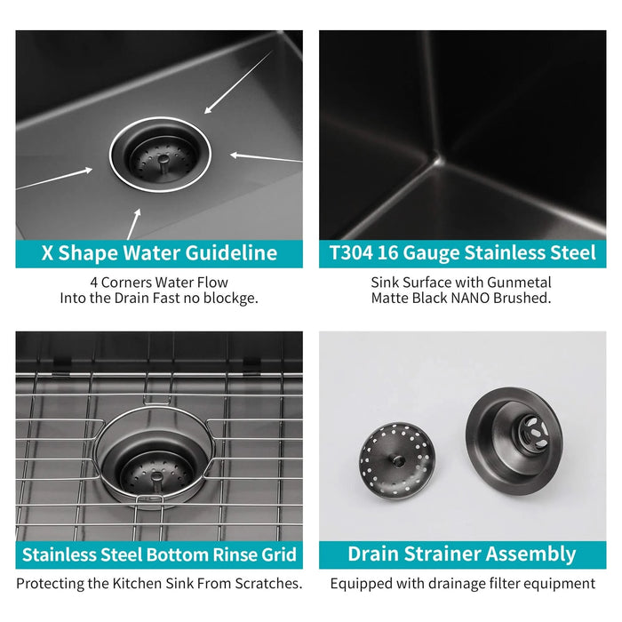 Gunmetal Black 30 Inch Undermount Kitchen Sink 16 Gauge 10 Inch Deep Single Bowl Stainless Steel Basin Default -DTYStore