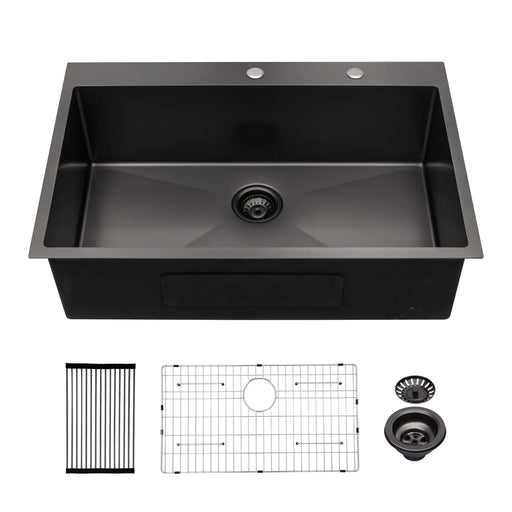 Gunmetal Black 30' Single Bowl Topmount Kitchen Sink 16 Gauge Stainless Steel 30x22 Inch Default -DTYStore