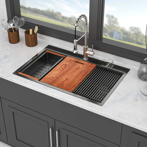 Gunmetal Black 33' Drop-In Kitchen Sink with Ledge Workstation, 16 Gauge Stainless Steel, 33x22 Inches Default -DTYStore