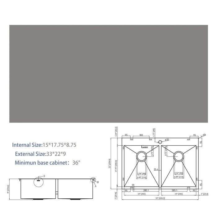 Gunmetal Black Double Bowl Drop-In Kitchen Sink 33'x22' 16 Gauge Stainless Steel with Two 9' Deep Basins Default -DTYStore