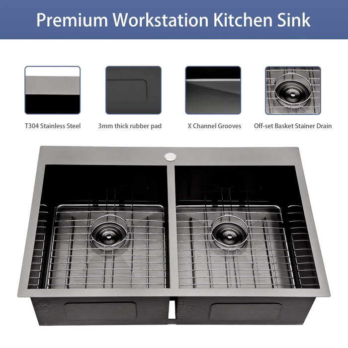 Gunmetal Black Double Bowl Drop-In Kitchen Sink 33'x22' 16 Gauge Stainless Steel with Two 9' Deep Basins Default -DTYStore