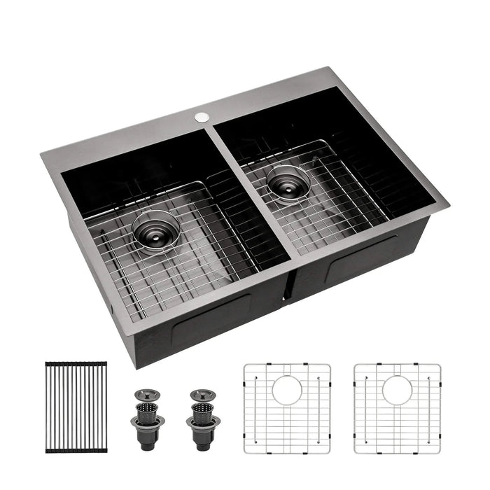 Gunmetal Black Double Bowl Drop-In Kitchen Sink 33'x22' 16 Gauge Stainless Steel with Two 9' Deep Basins Default -DTYStore