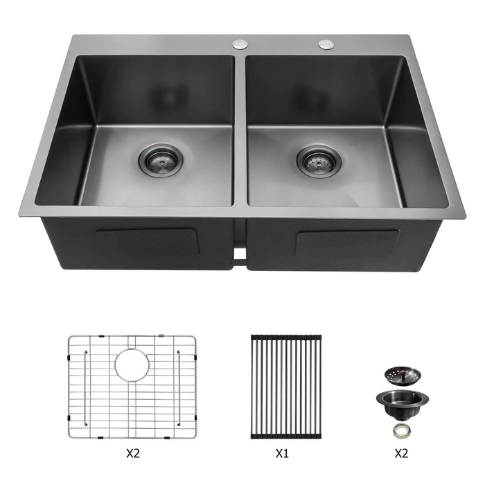 Gunmetal Black Double Bowl Drop-in Kitchen Sink 33'x22' with 16 Gauge Stainless Steel and Two 10' Deep Basins Default -DTYStore