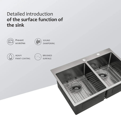 Gunmetal Black Double Bowl Drop-in Kitchen Sink 33'x22' with 16 Gauge Stainless Steel and Two 10' Deep Basins Default -DTYStore
