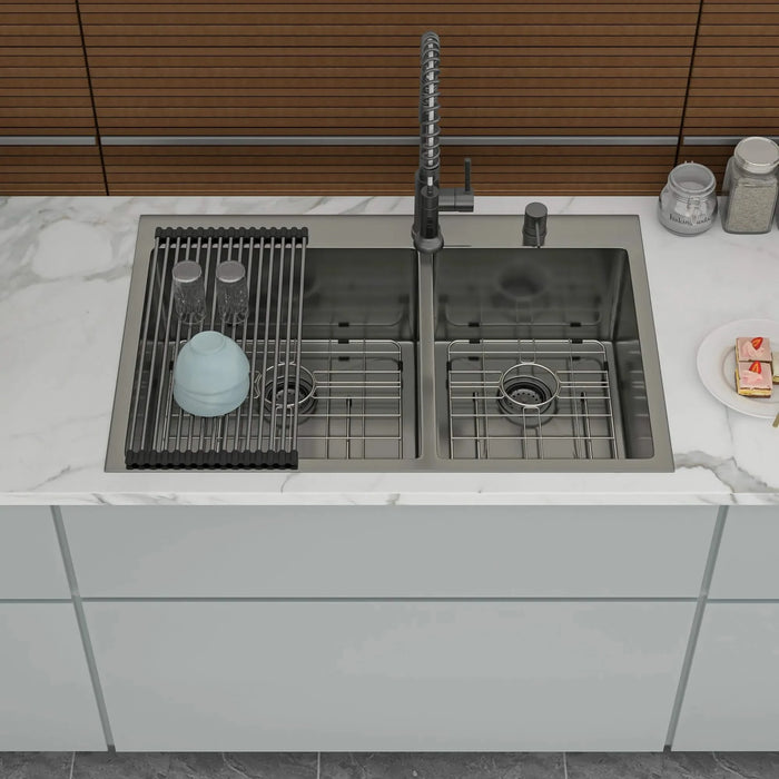 Gunmetal Black Double Bowl Kitchen Sink 16 Gauge 33' x 22' with Two 10' Deep Basins Default -DTYStore