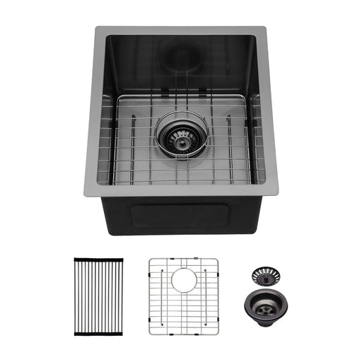 Gunmetal Black Kitchen Sink 15'x 17'x 10' Single Bowl 16 Gauge Stainless Steel Undermount Default -DTYStore
