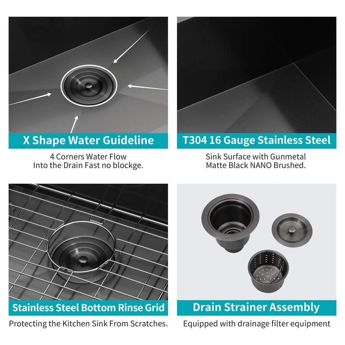 Gunmetal Black Kitchen Sink 30x18x9 Undermount Single Bowl 16 Gauge Stainless Steel Default -DTYStore