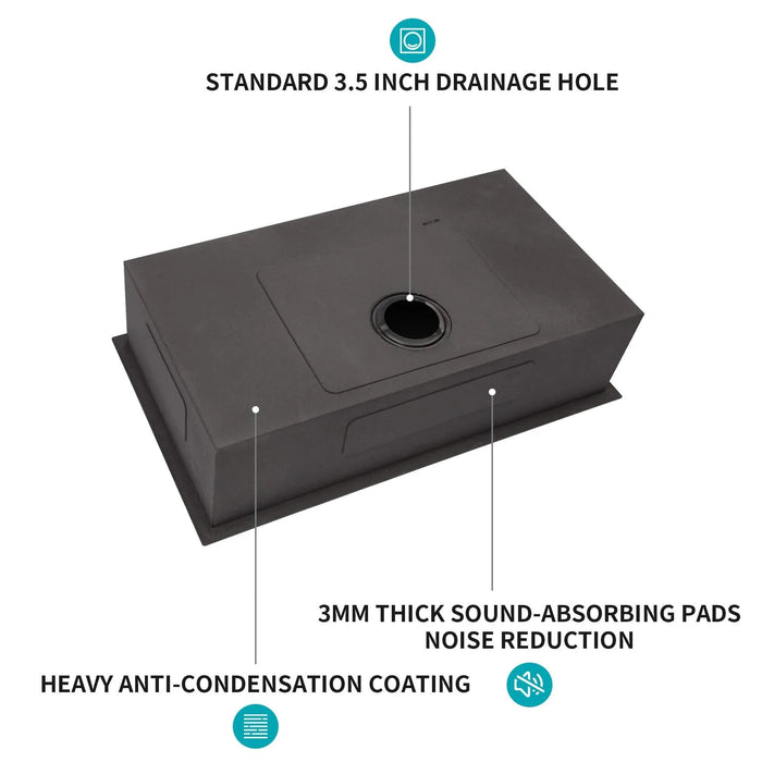 Gunmetal Black Kitchen Sink 30x18x9 Undermount Single Bowl 16 Gauge Stainless Steel Default -DTYStore