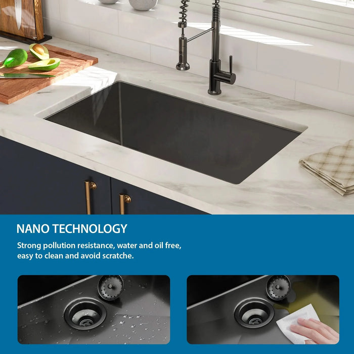Gunmetal Black Undermount Kitchen Sink 16 Gauge Single Bowl with Drain Assembly, Stainless Steel, 30x18x10 Inches - DTY Store