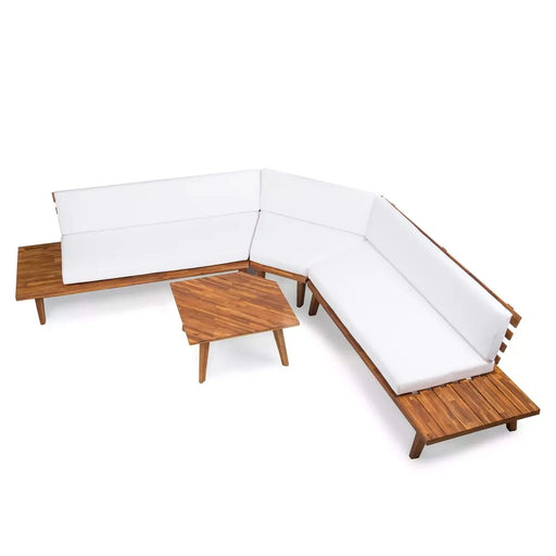 HILLCREST V Shaped 4-Piece Sofa Set with Coffee Table, White Cushions, Acacia Wood, Sandblast Finish Default -DTYStore