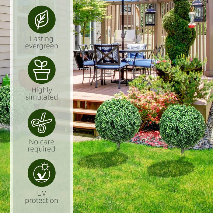 HOMCOM 1.3' (15.7') Artificial Boxwood Topiary Trees with Ground Stake, UV Resistant Set of 2 Ball Shaped Trees, Indoor Outdoor Fake Plants for Home Office & Living Room Décor Default -DTYStore
