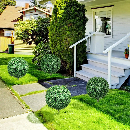 HOMCOM 1.3' (15.7') Artificial Boxwood Topiary Trees with Ground Stake, UV Resistant Set of 2 Ball Shaped Trees, Indoor Outdoor Fake Plants for Home Office & Living Room Décor Default -DTYStore