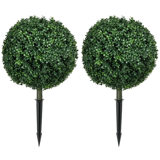 HOMCOM 1.3' (15.7') Artificial Boxwood Topiary Trees with Ground Stake, UV Resistant Set of 2 Ball Shaped Trees, Indoor Outdoor Fake Plants for Home Office & Living Room Décor Default -DTYStore