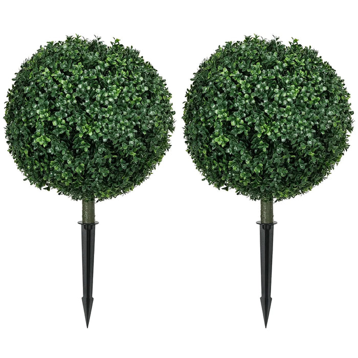 HOMCOM 1.3' (15.7') Artificial Boxwood Topiary Trees with Ground Stake, UV Resistant Set of 2 Ball Shaped Trees, Indoor Outdoor Fake Plants for Home Office & Living Room Décor Default -DTYStore