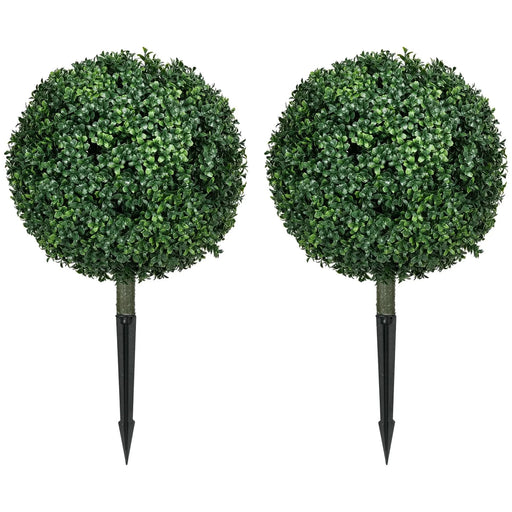 HOMCOM 1.3' (15.7') Artificial Boxwood Topiary Trees with Ground Stake, UV Resistant Set of 2 Ball Shaped Trees, Indoor Outdoor Fake Plants for Home Office & Living Room Décor Default -DTYStore